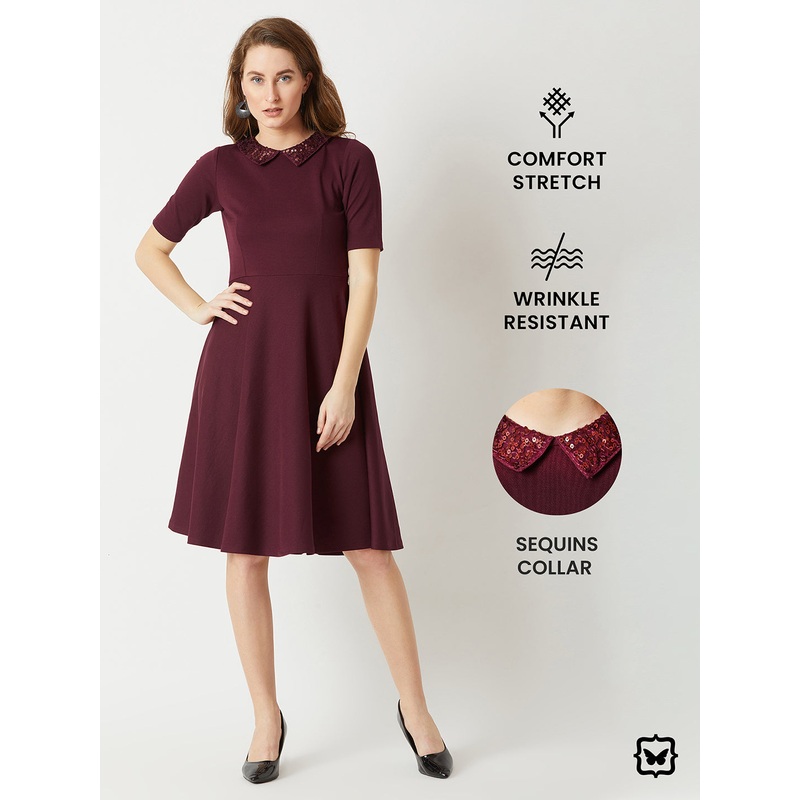 Crease Ease Women’s Wine Red Collared Round Neck Half Sleeve Solid Knee-Long Skater Dress XS Wine Red