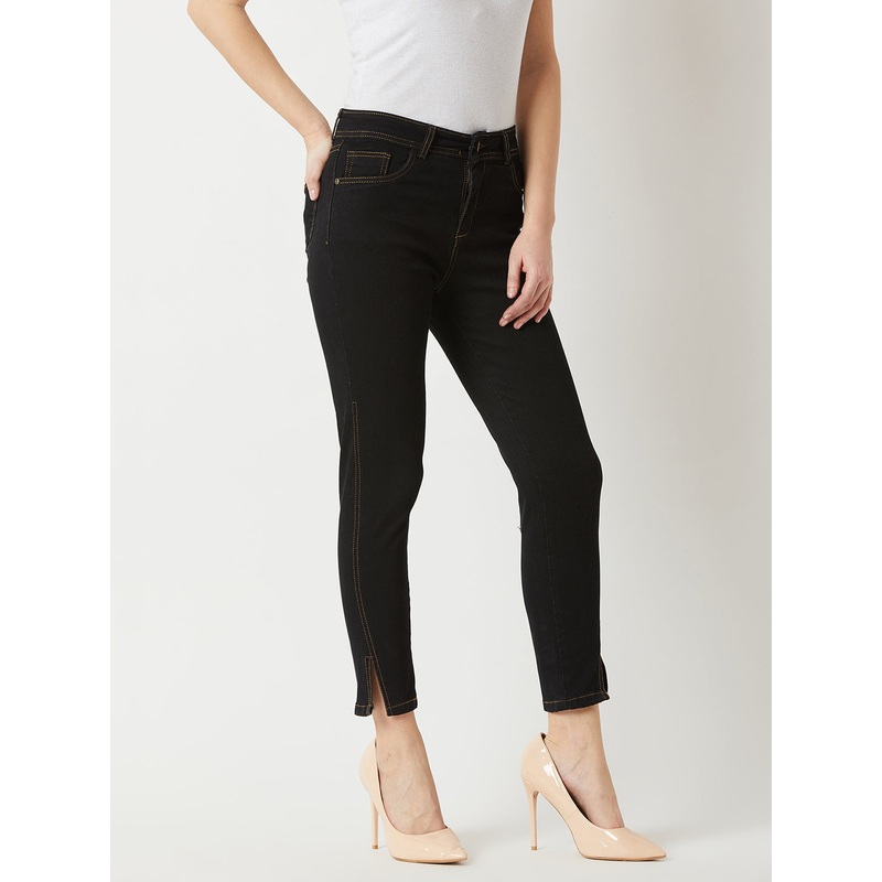 Women’s Black Skinny High-Rise Side-Slit Solid Ankle Length Stretchable Denim Jeans 26 Black