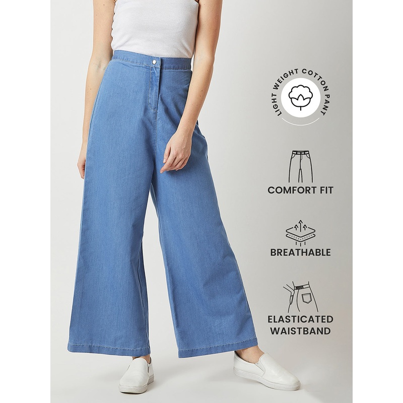 Women’s Blue Flared Wide-Leg High-Rise Light Weight Non Stretchable Pants 26 Blue