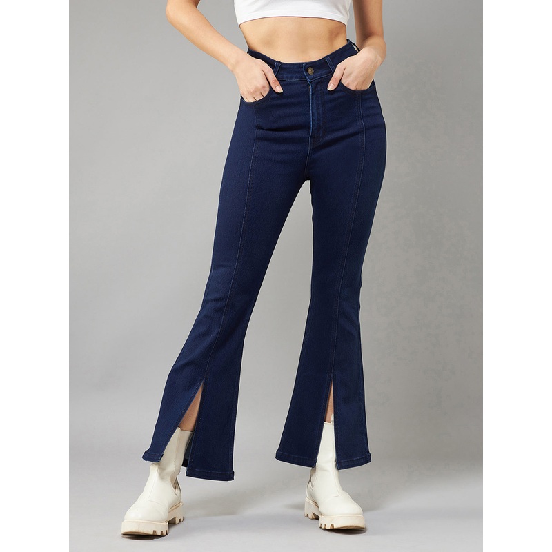 24/7 Comfort Navy-Blue Bell-Bottom Bootcut High-Rise Slit Stretchable Denim Jeans 26 Navy Blue