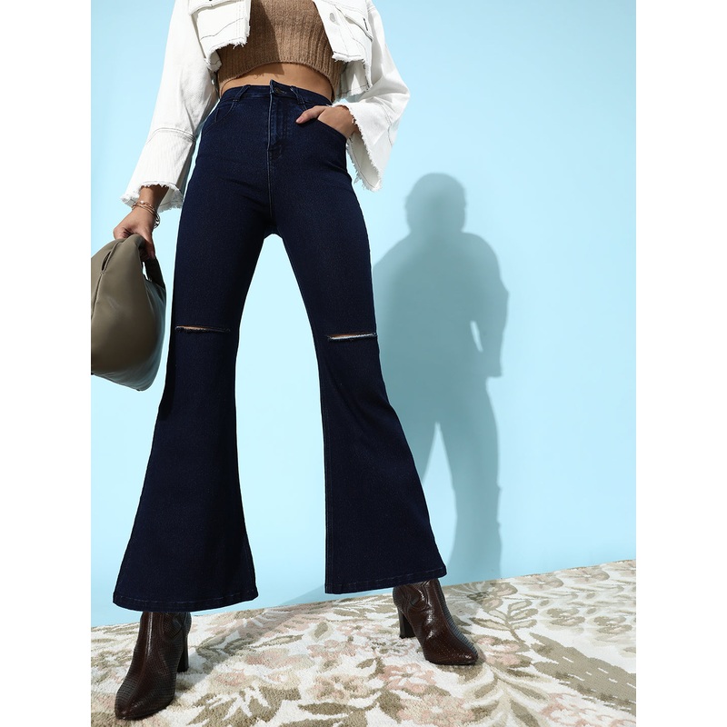 24/7 Comfort Navy-Blue Bell-Bottom Bootcut Hourglass High-Rise Stretchable Ripped Denim Jeans 26 Navy Blue