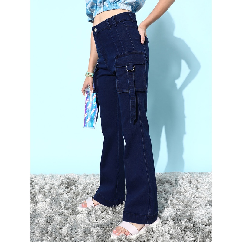 24/7 Comfort Navy-Blue Bootcut High-Rise Stretchable Cargo Denim Jeans 24 Navy Blue