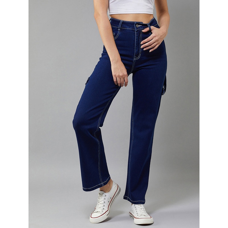 24/7 Comfort Navy-Blue Wide-Leg Bell-Bottom Bootcut High-Rise Stretchable Denim Jeans 26 Navy Blue