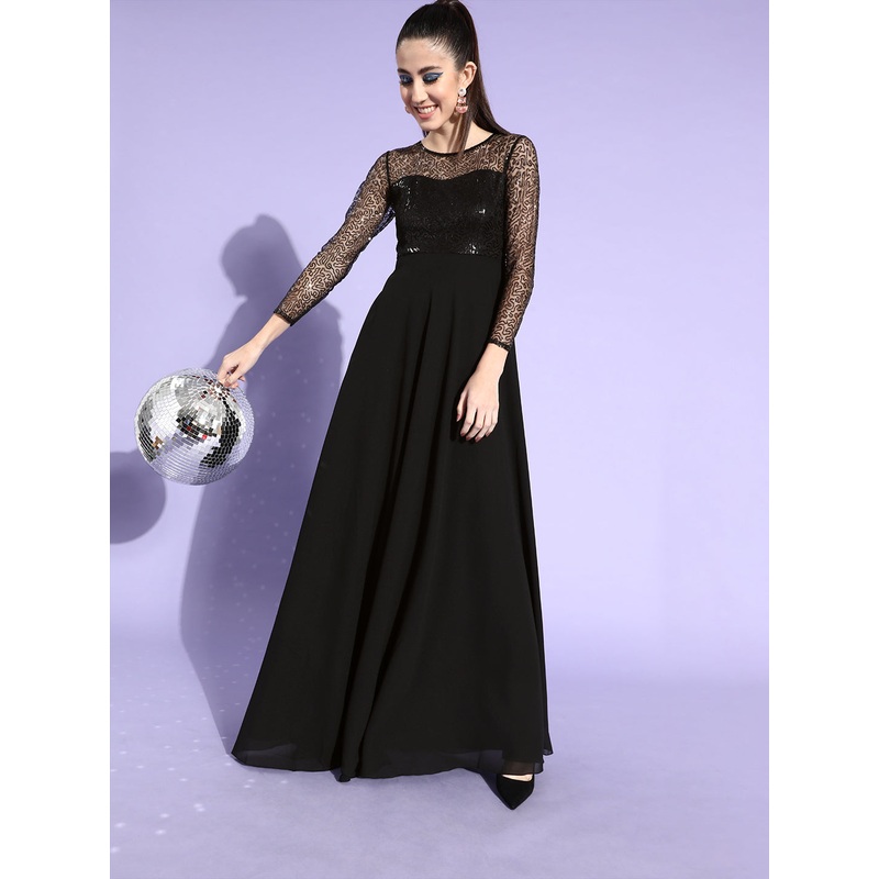 Black Full Sleeves Fit and Flare Sequinned Maxi Dress for Women XS Black