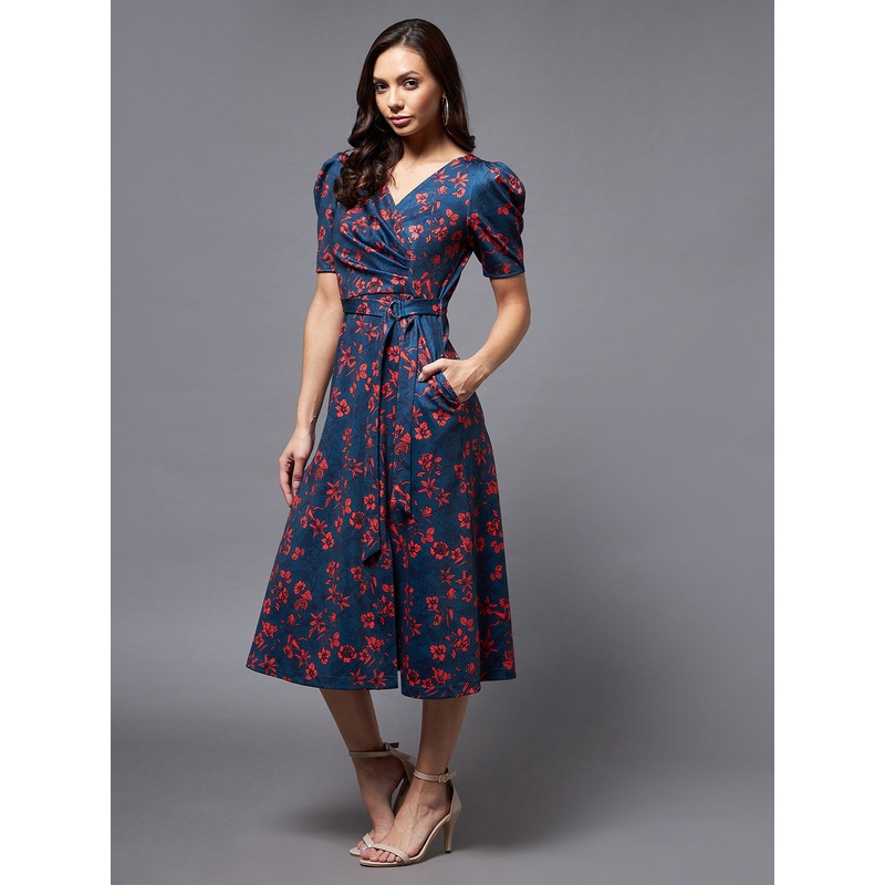 Crease Ease Women’s Multicolored-Base-Teal V-neck Puff Sleeve Floral Wrap Midi Dress XXS Multicolor