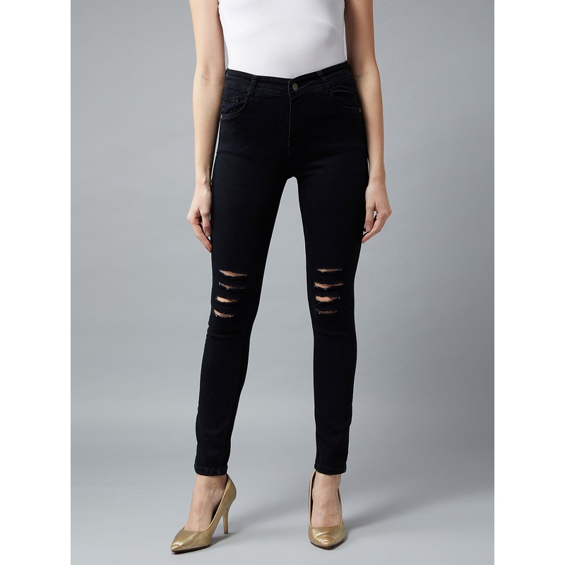 Women’s Black Slim-Fit High-Rise Mild Distressed Ripped Stretchable Denim Jeans 26 Black