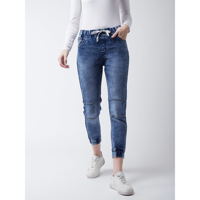 Women’s Blue Relaxed Fit Mid Rise Regular Length Denim Stretchable Jogger Pants 26 Blue