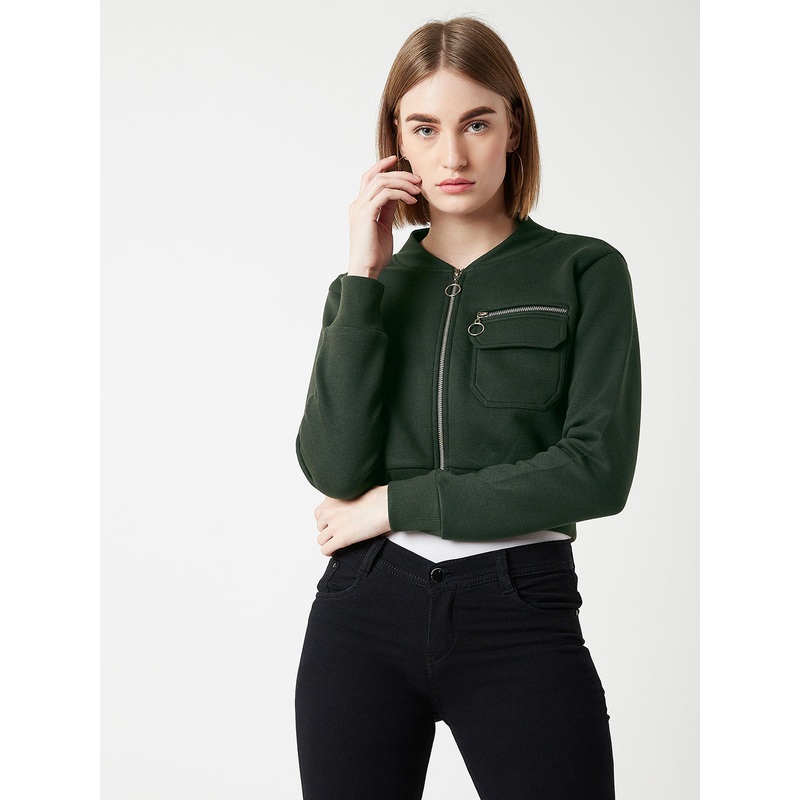 Women’s Green Stand Collar Full Sleeves Cotton Boxy/Bomber Cropped Jacket XS Green