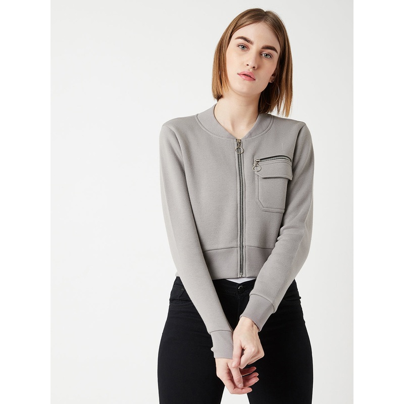 Women’s Grey Stand Collar Full Sleeves Cotton Boxy/Bomber Cropped Jacket XS Grey