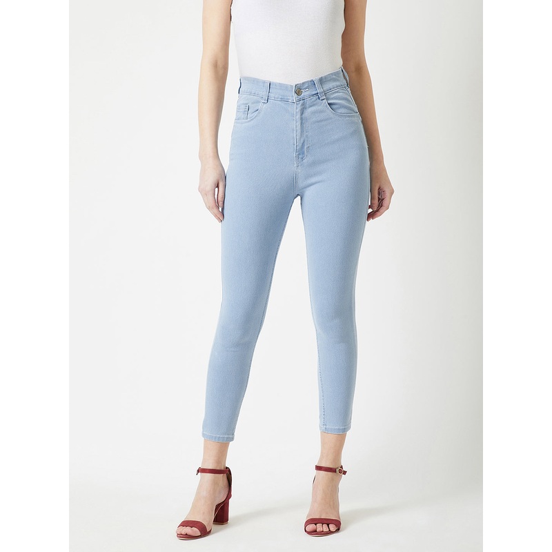 Women’s Light Blue Skinny Fringed Hemline Detailing High-Rise Ice-Wash Clean-Look Cropped Solid Stretchable Denim Jeans 26 Blue