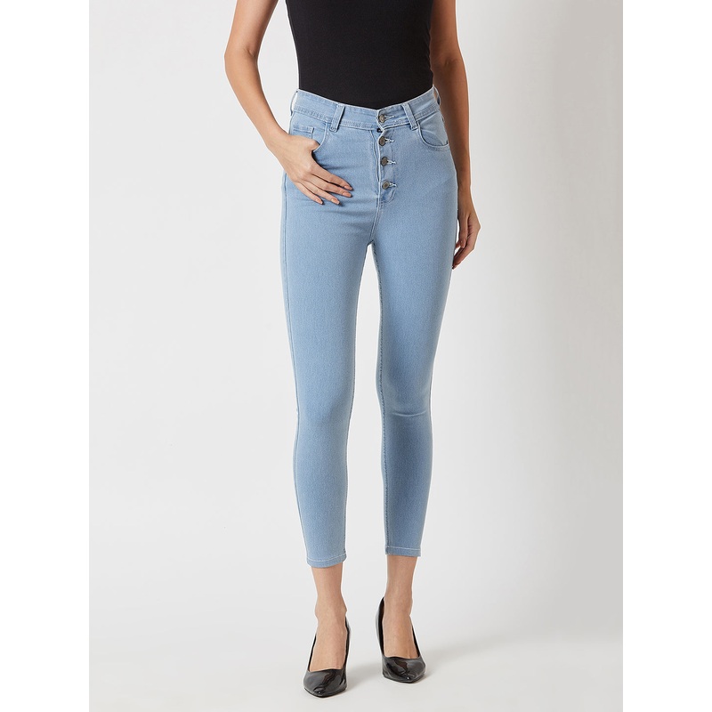 Women’s Light Blue Skinny High-Rise Distressed Cropped Denim Jeans 26 Blue