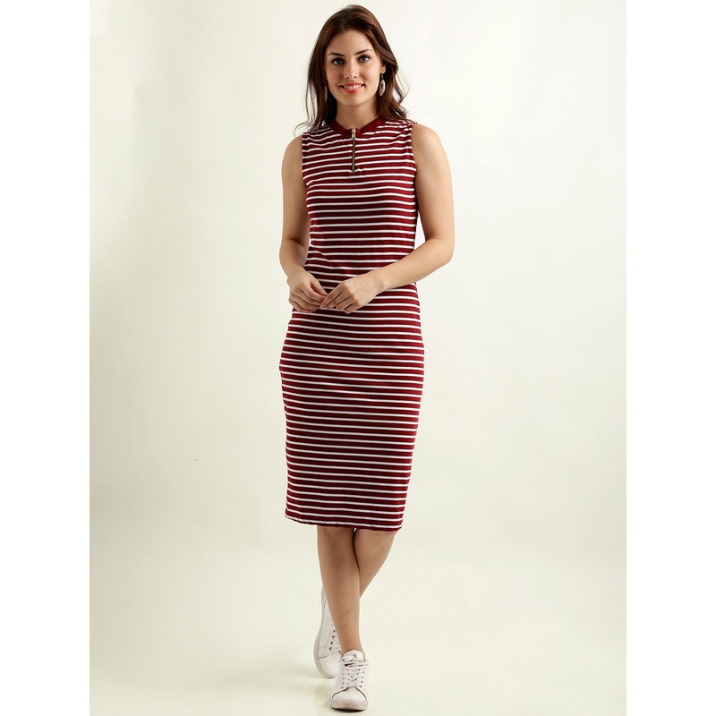 Women’s Maroon and White Round Neck Sleeveless Striped Bodycon Dress XS Maroon and White