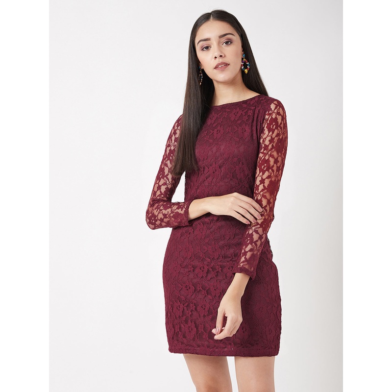 Women’s Maroon Round Neck Full Sleeves Bodycon Dress XS Maroon
