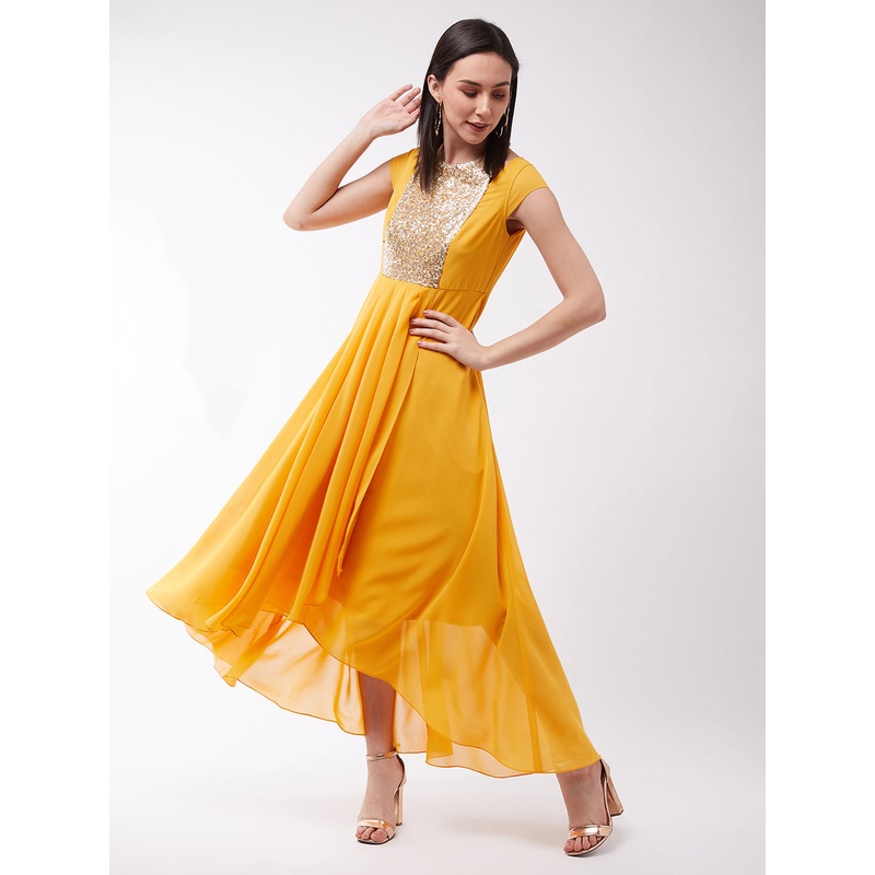 Women’s Mustard Round neck Cap Sleeve Solid Embellished Maxi Dress XS Mustard