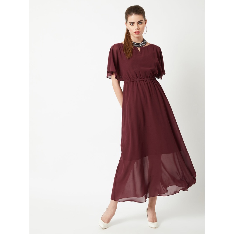 Women’s Wine Red Round Neck Flared Solid Embellished Choker/Gathered Maxi Dress XS Wine Red