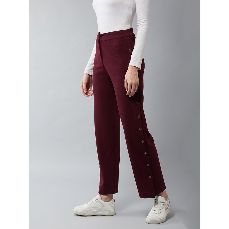 Women’s Wine Red Solid Regular Fit Flared Trousers XS Wine Red
