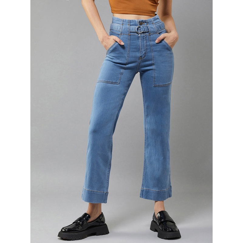 24/7 Comfort Light Blue flared High-Rise Clean-Look Cropped Stretchable Denim Jeans 26 Blue