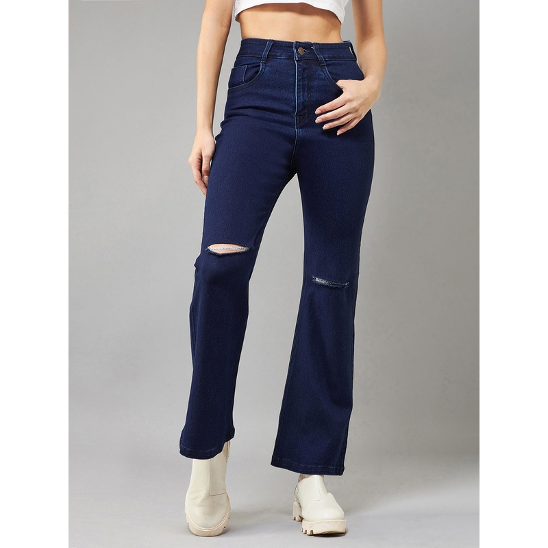 24/7 Comfort Navy-Blue Bell-Bottom Bootcut High-Rise Stretchable Ripped Denim Jeans 26 Navy Blue