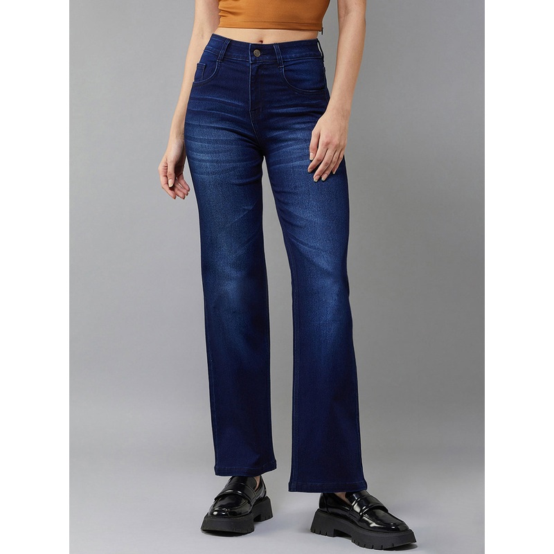 24/7 Comfort Navy-Blue Wide-Leg Mid-Rise Stretchable Denim Jeans 26 Navy Blue
