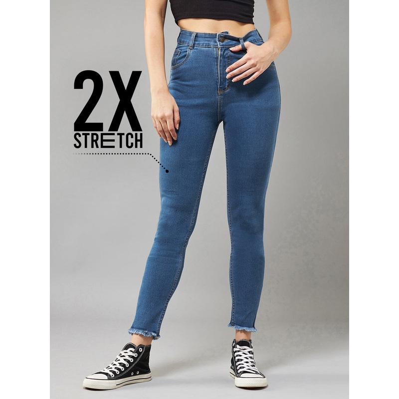 CHASEstretch Blue Skinny High-Rise Clean-Look Fringe And Side Zipper Detailing Cropped Denim Jeans 26 Blue