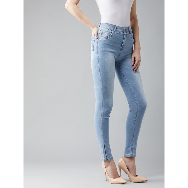 24/7 Comfort Blue Skinny-Fit High-Rise Zipper Detailing Scraped Stretchable Denim Jeans 26 Blue