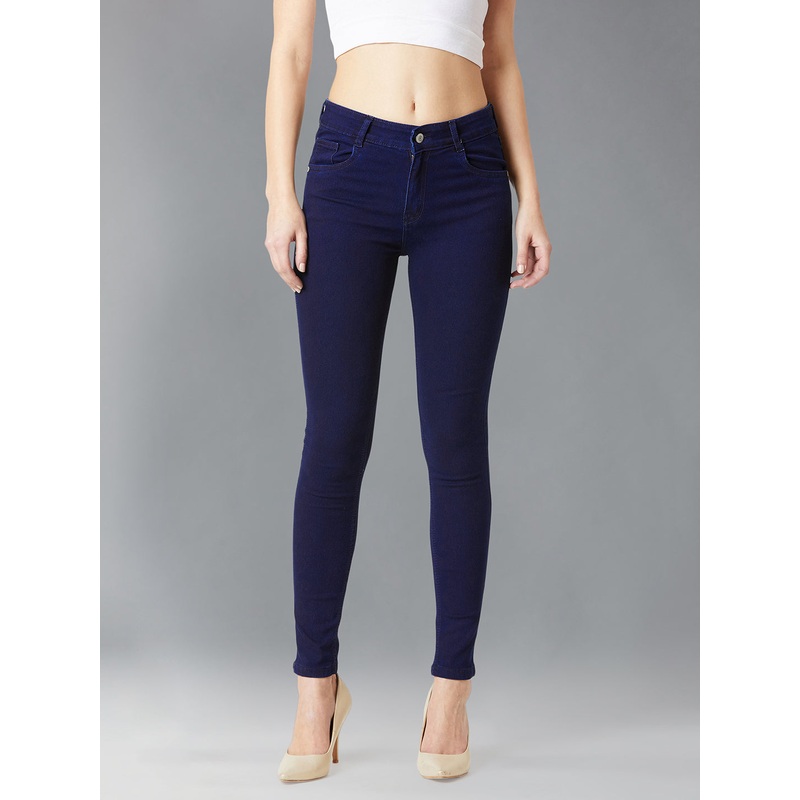 24/7 Comfort Navy-Blue Printed Fabric Detailing Skinny-Fit Mid-Rise Stretchable Denim Jeans 26 Navy Blue