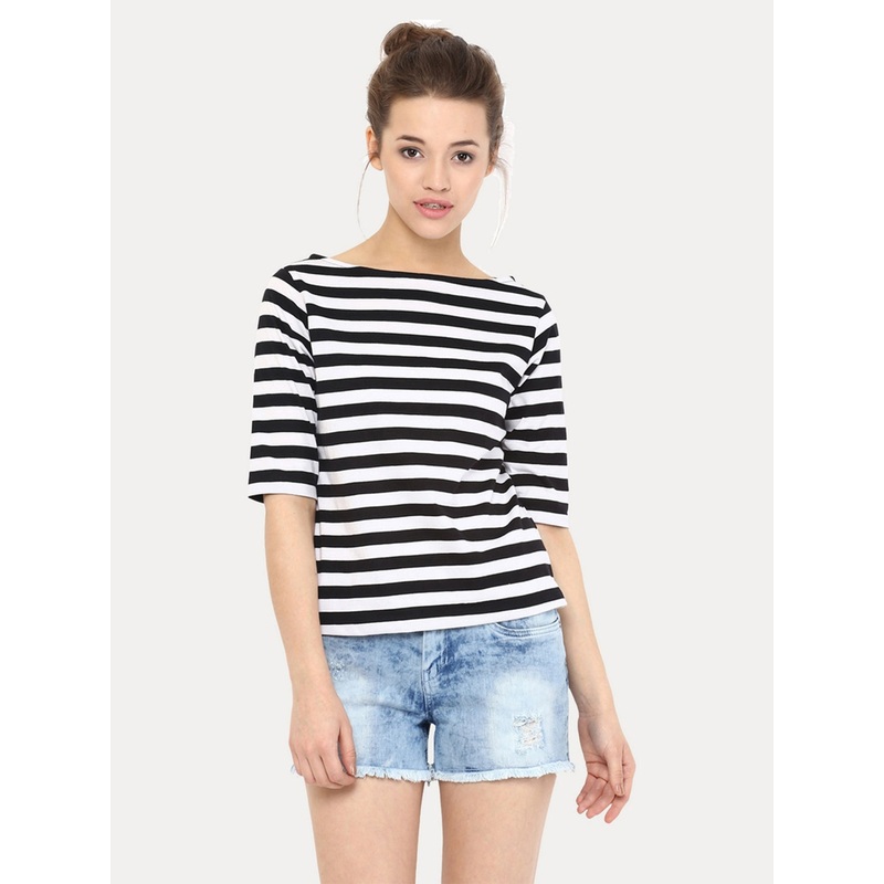 Women’s Black and White Boat Neck Half Sleeves Solid Striped Top XS Black And White