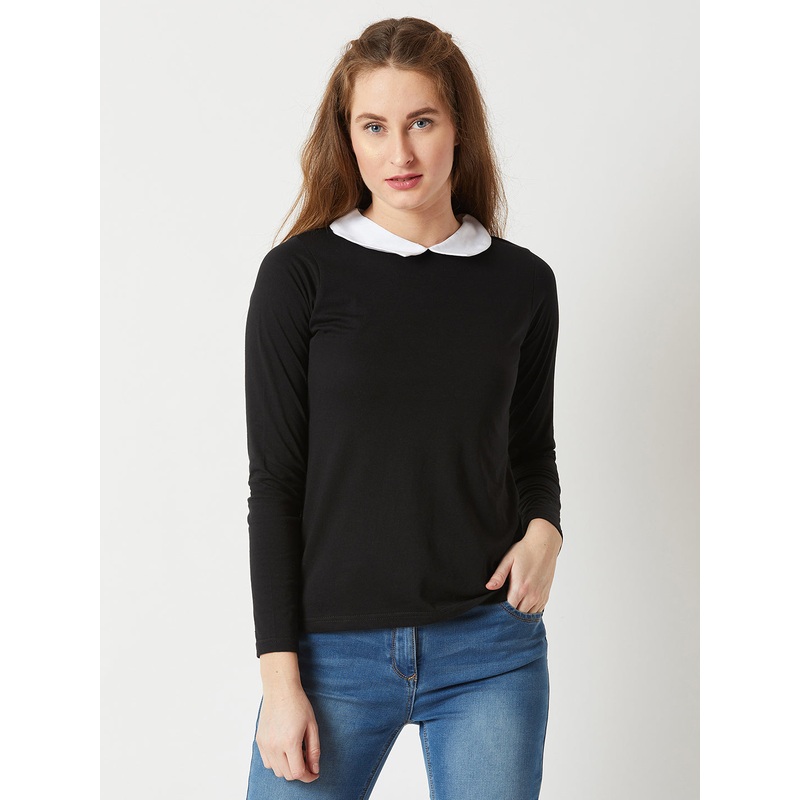 Women’s Black Collared Round Neck Full Sleeve Cotton Solid Buttoned Top XS Black