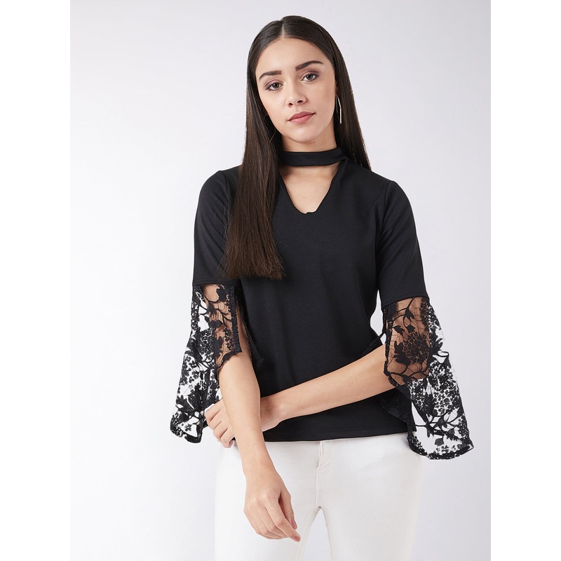 Women’s Black Round Neck 3/4 Sleeve Solid Lace Semi Sheer Split Sleeve Choker Style Top XS Black