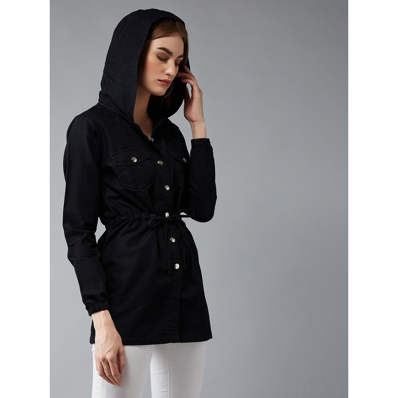 Women’s Black Round Neck Full Sleeve Solid Long hoodie with tie-up Regular Jacket XS Black