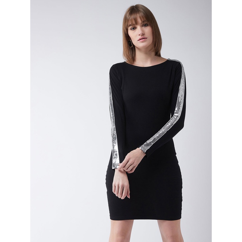 Women’s Black Round Neck Full Sleeves Bodycon Dress XS Black
