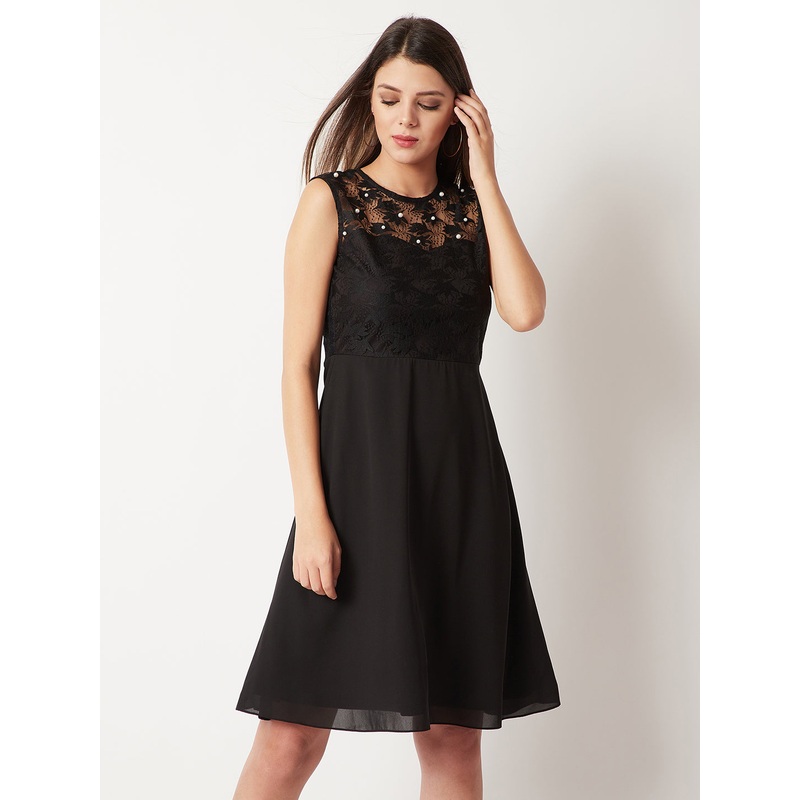 Women’s Black Round Neck Sleeveless Solid Paneled Lace And Pearl Detailing Knee Length Skater Dress XS Black