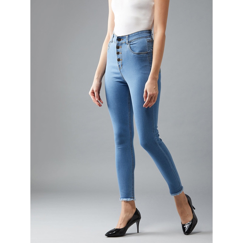 Women’s Blue Skinny Solid High-Rise Clean-Look Cropped Fringed Hemline Detailing Stretchable Denim Jeans 26 Blue