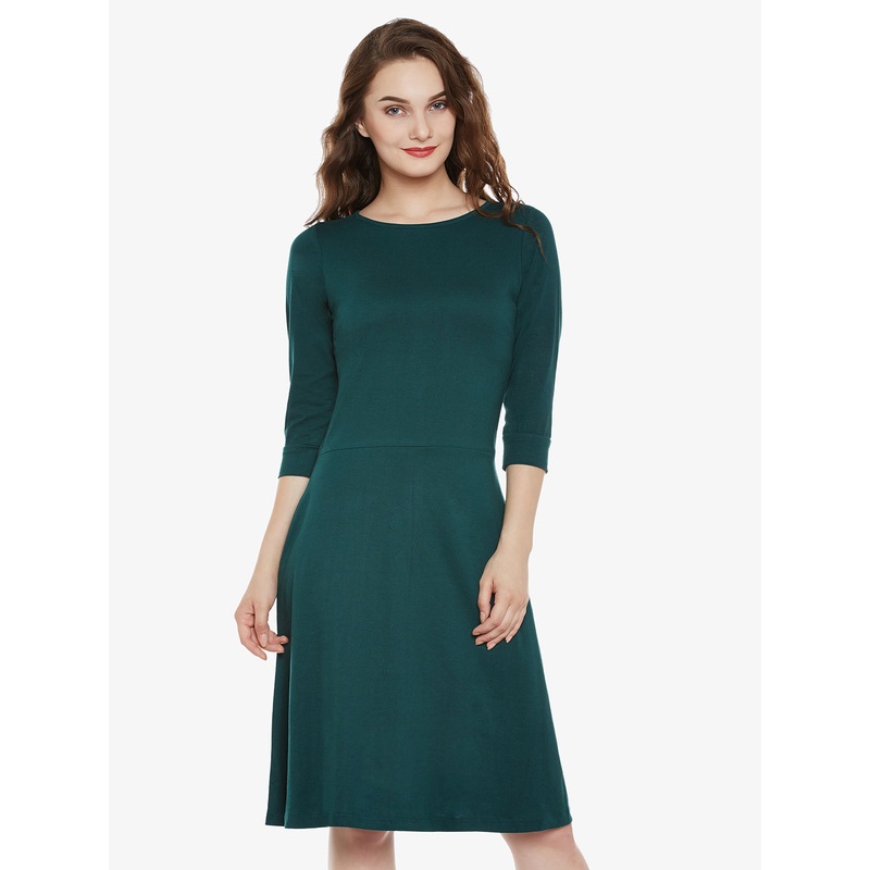 Women’s Green Cotton Round Neck 3/4 Sleeve Solid Mini Skater Dress XS Green