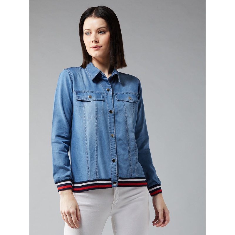 Women’s Light Blue Polo Neck Full Sleeve Solid Bomber Regular Length Jacket XS Light Blue