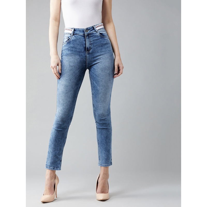 Women’s Light Blue Slim-Fit High-Rise Light Wash Twill Tape Detailing Stretchable Denim Jeans 26 Blue