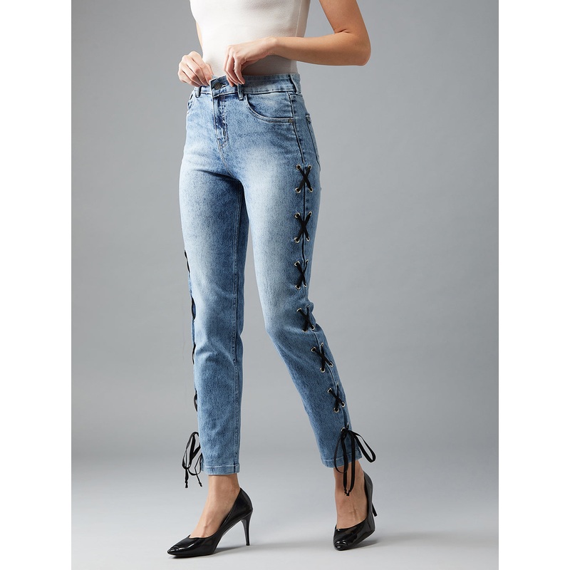 Women’s Light Blue Slim-Fit High-Rise Twill tape and Eyelet detailing Stretchable Denim Jeans 26 Blue
