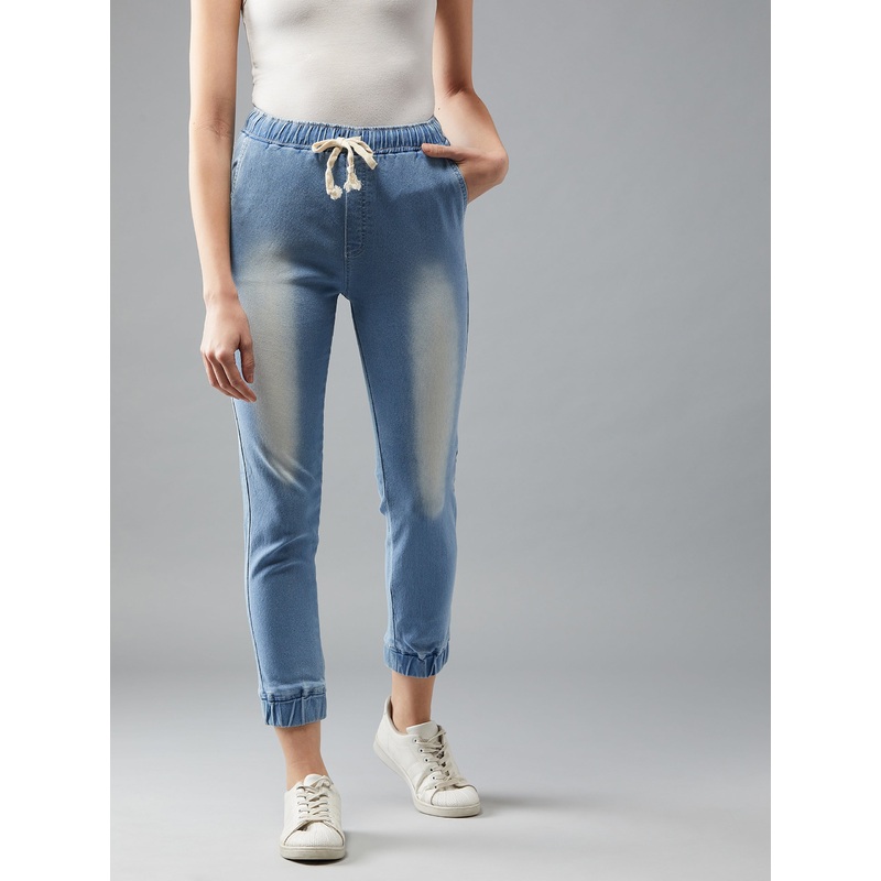 Women’s Light Blue Solid Mid Rise Clean-Look Regular Length Ice Wash Stretchable Denim Jogger Pants 26 Light Blue