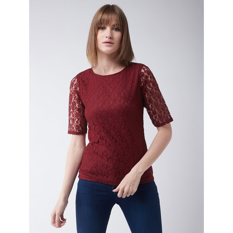Women’s Maroon Round Neck Half Sleeves Basic Lace Crop Top XS Maroon