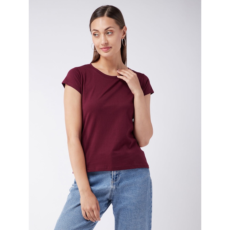 Women’s Maroon Round Neck Short Sleeves Solid Basic Top XS Maroon
