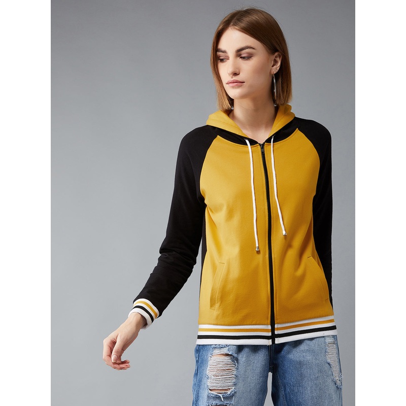 Women’s Multicolored- Base- Mustard Yellow Hooded Full Sleeves Loopknit, Rib Solid Color-Block/Raglan Regular Length Jacket XS Multicolor-Base Mustard Yellow