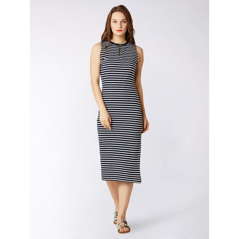 Women’s Navy Blue and White Round Neck Sleeveless Striped Bodycon Dress XS Navy Blue And White