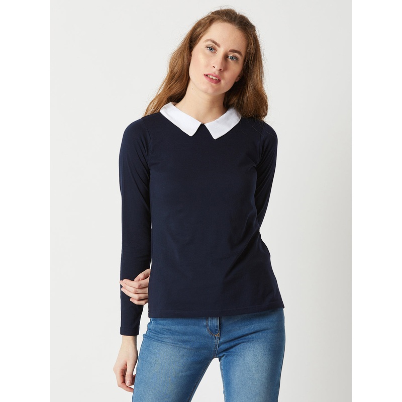 Women’s Navy Blue Collared Round Neck Full Sleeve Cotton Solid Buttoned Top XS Navy Blue