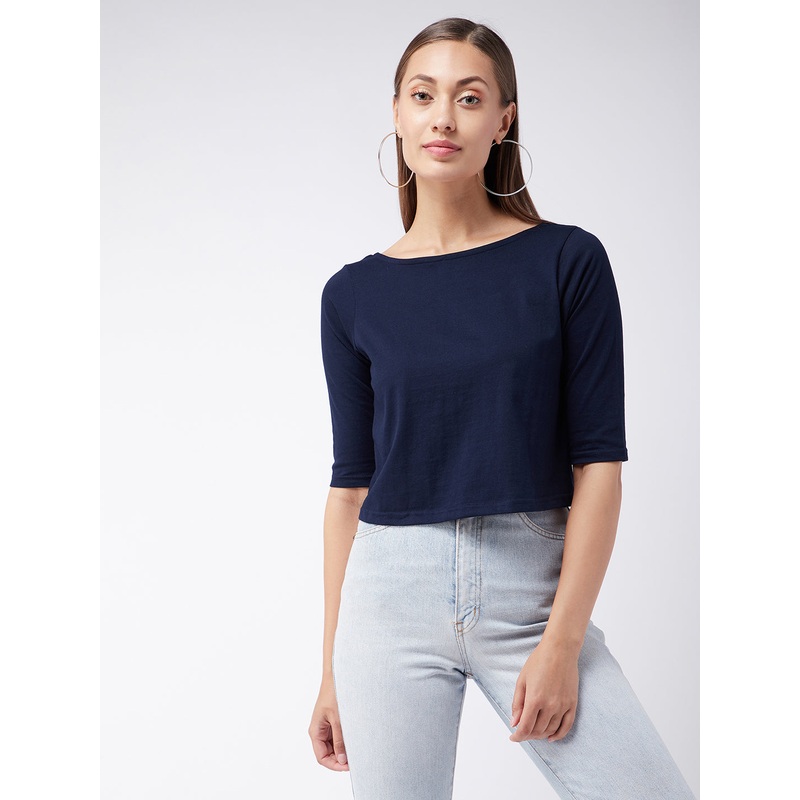 Women’s Navy Blue Round Neck 3/4 Sleeves Button Up Top XS Navy Blue