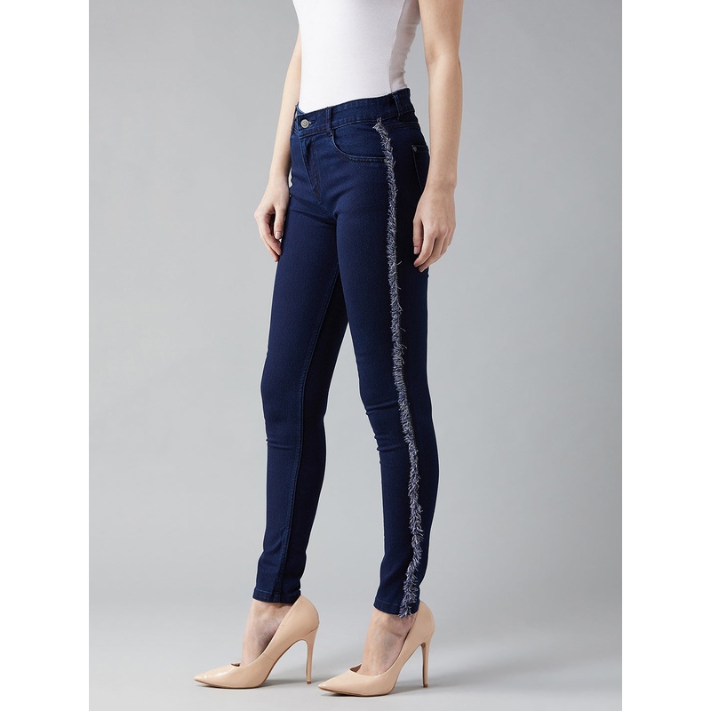 Women’s Navy-Blue Skinny-Fit Mid-Rise Fringe And Lace Detailing Stretchable Denim Jeans 26 Navy Blue