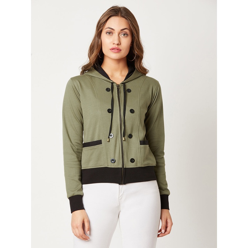 Women’s Olive Green Hooded Full Sleeves Solid Drawstring and Eyelet Detailing Regular Length Jacket XS Olive Green
