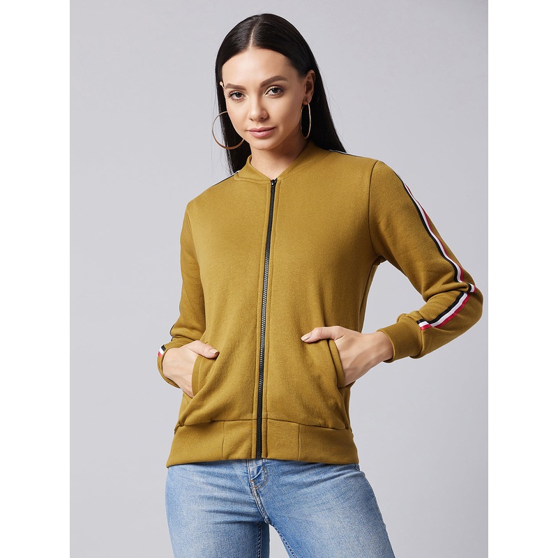 Women’s Olive V-Neck Full Sleeve Solid Bomber Regular Jacket XS Olive