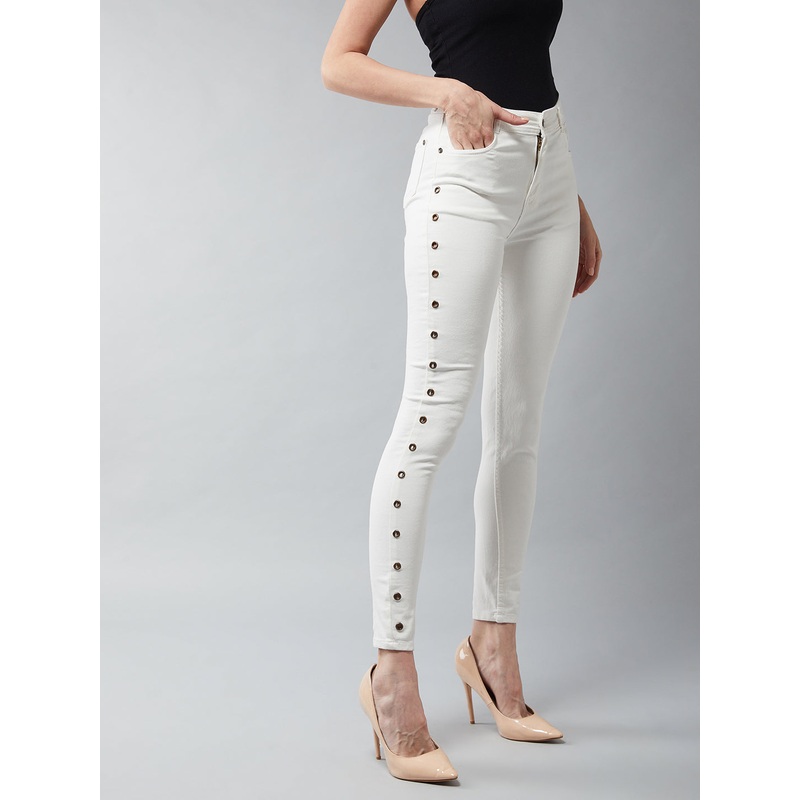 Women’s White Skinny High-Rise Eyelet detailing Stretchable Denim Jeans 26 White