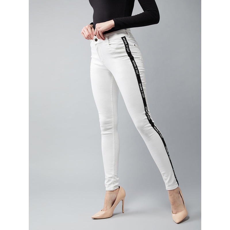 Women’s White Skinny Mid-Rise Twill Tape Detailing Stretchable Denim Jeans 26 White