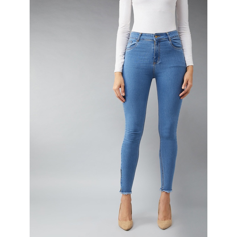 24/7 Comfort Blue Skinny High-Rise Clean-Look Fringe And Side Zipper Detailing Cropped Denim Jeans 26 Blue